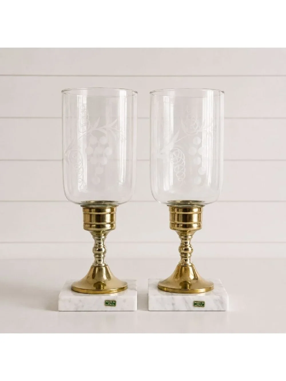 Vintage Italian Hurricane Candle Holder Set of 2 Brass Marble Etched Glass Pair